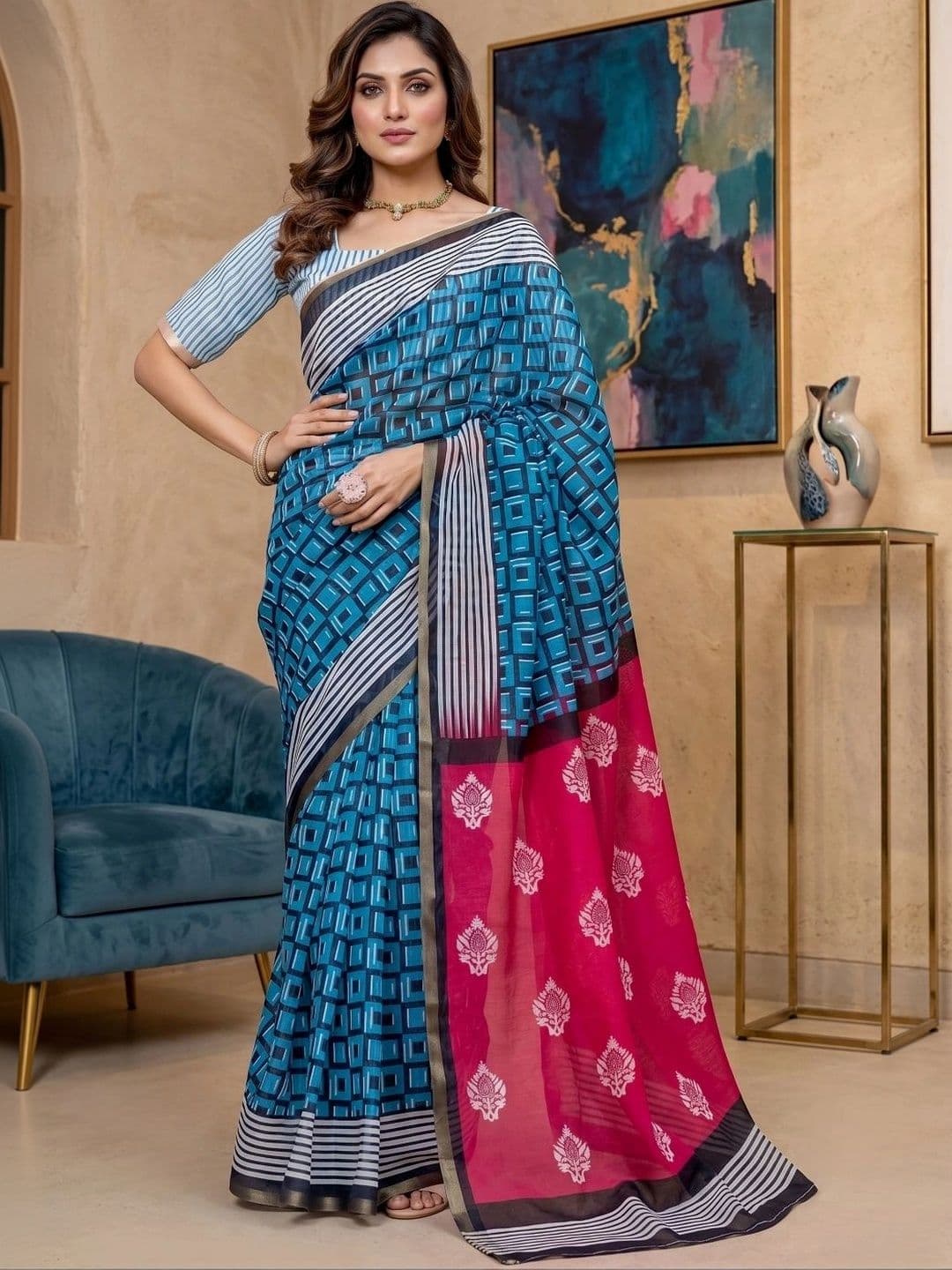 BORAD FASHION Striped Designer Chanderi Saree - view 1