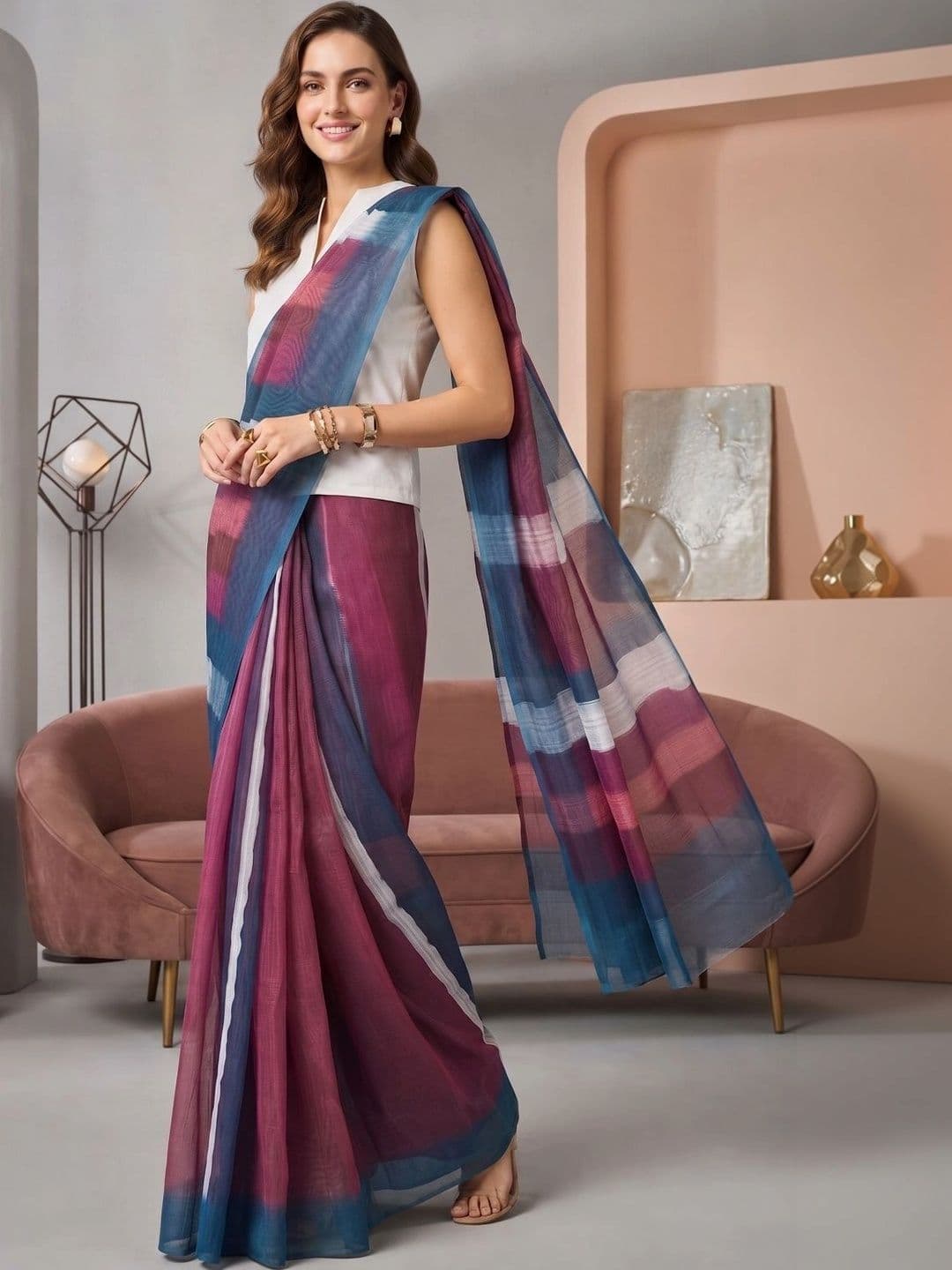 BORAD FASHION Striped Designer Chanderi Saree thumbnail 4