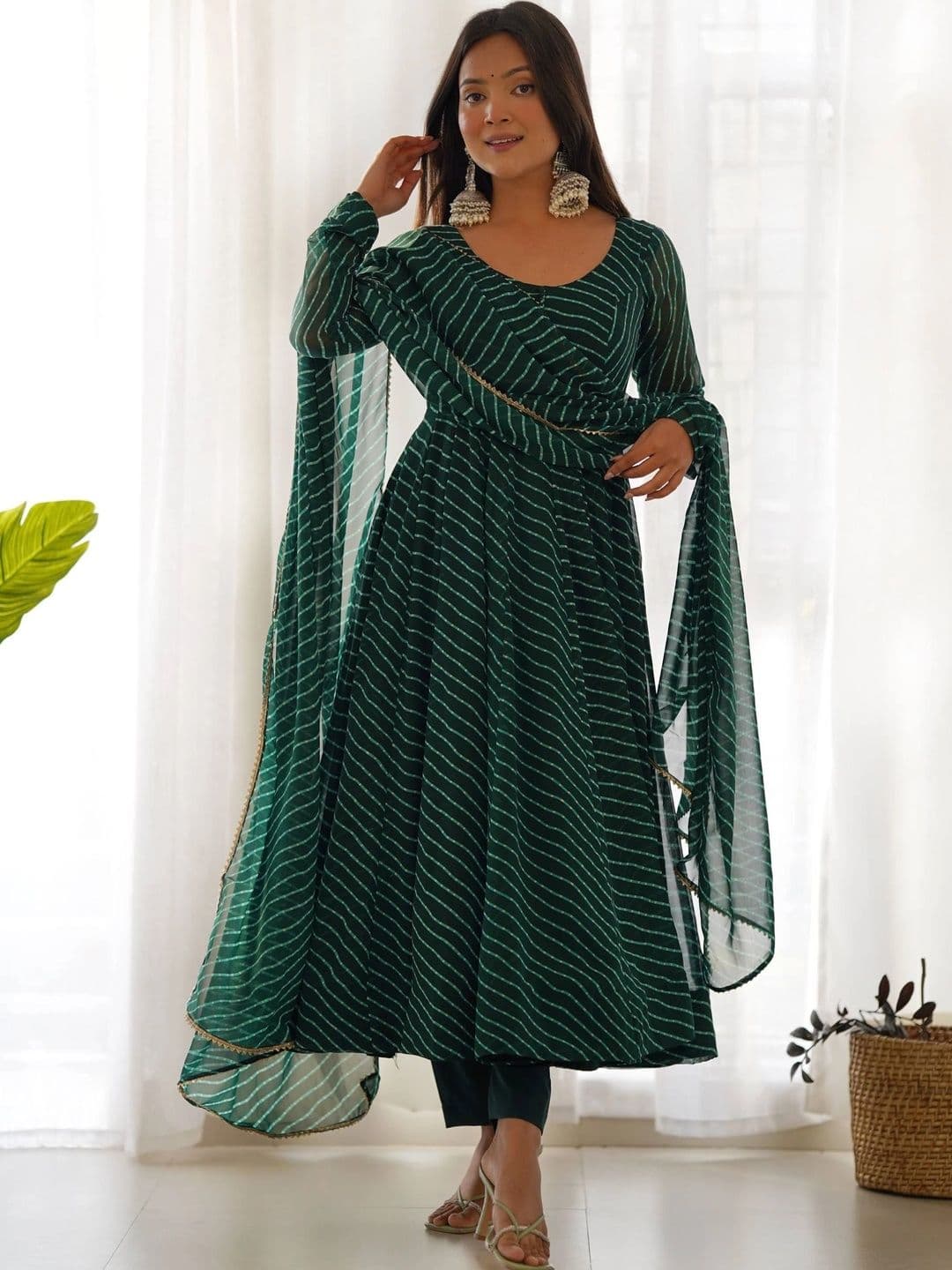 SAJAVAT ETHENIC WEAR Women Leheriya Printed Empire Kurta with Trousers & With Dupatta - view 1
