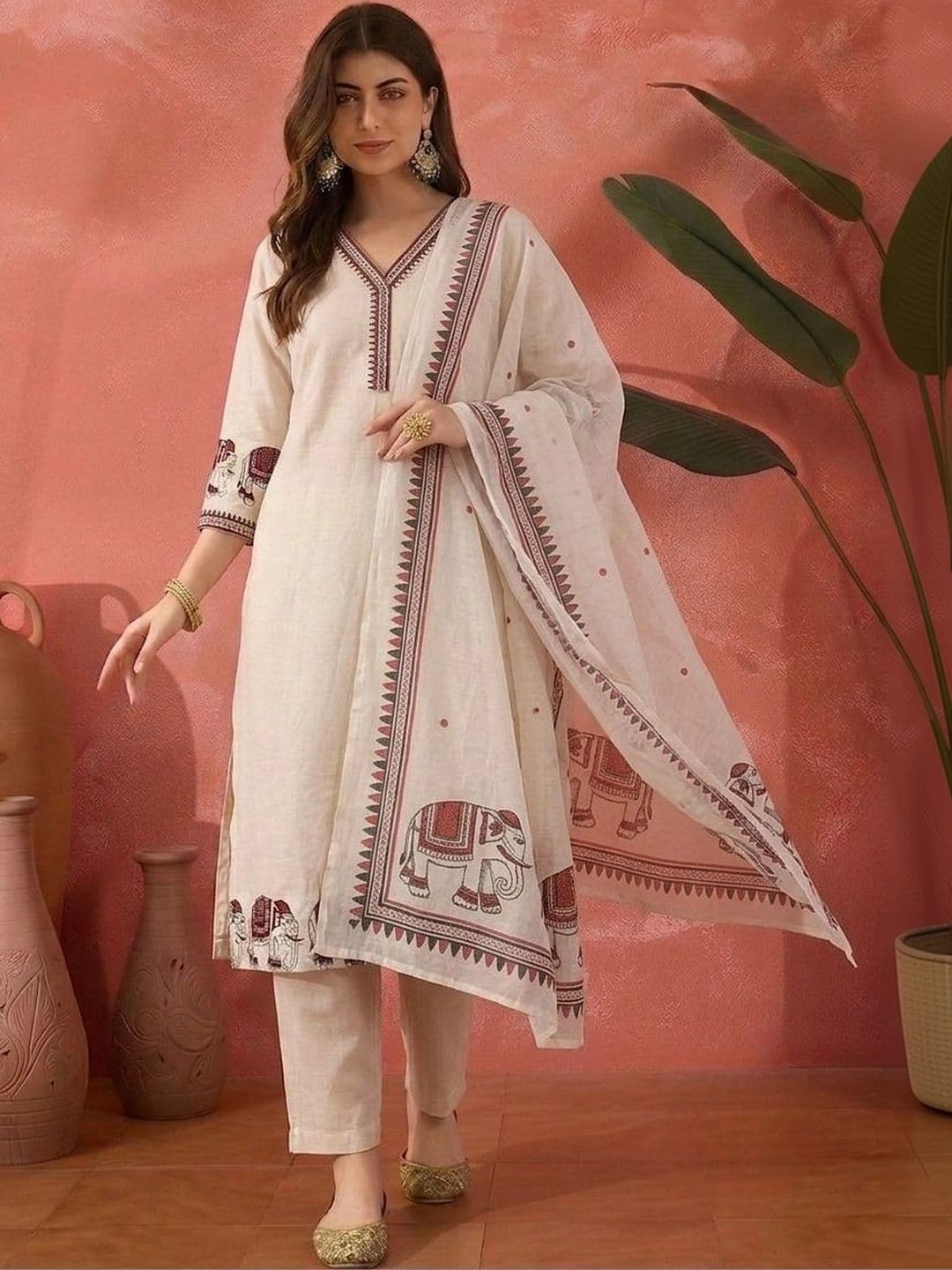 Sangria Women Ethnic Motifs Printed Regular Pure Cotton Kurta with Trousers & With Dupatta - view 1