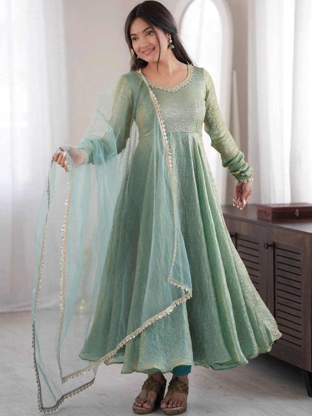 SAJAVAT ETHENIC WEAR Women Empire Gotta Patti Pure Silk Kurta with Trousers & With Dupatta thumbnail 2