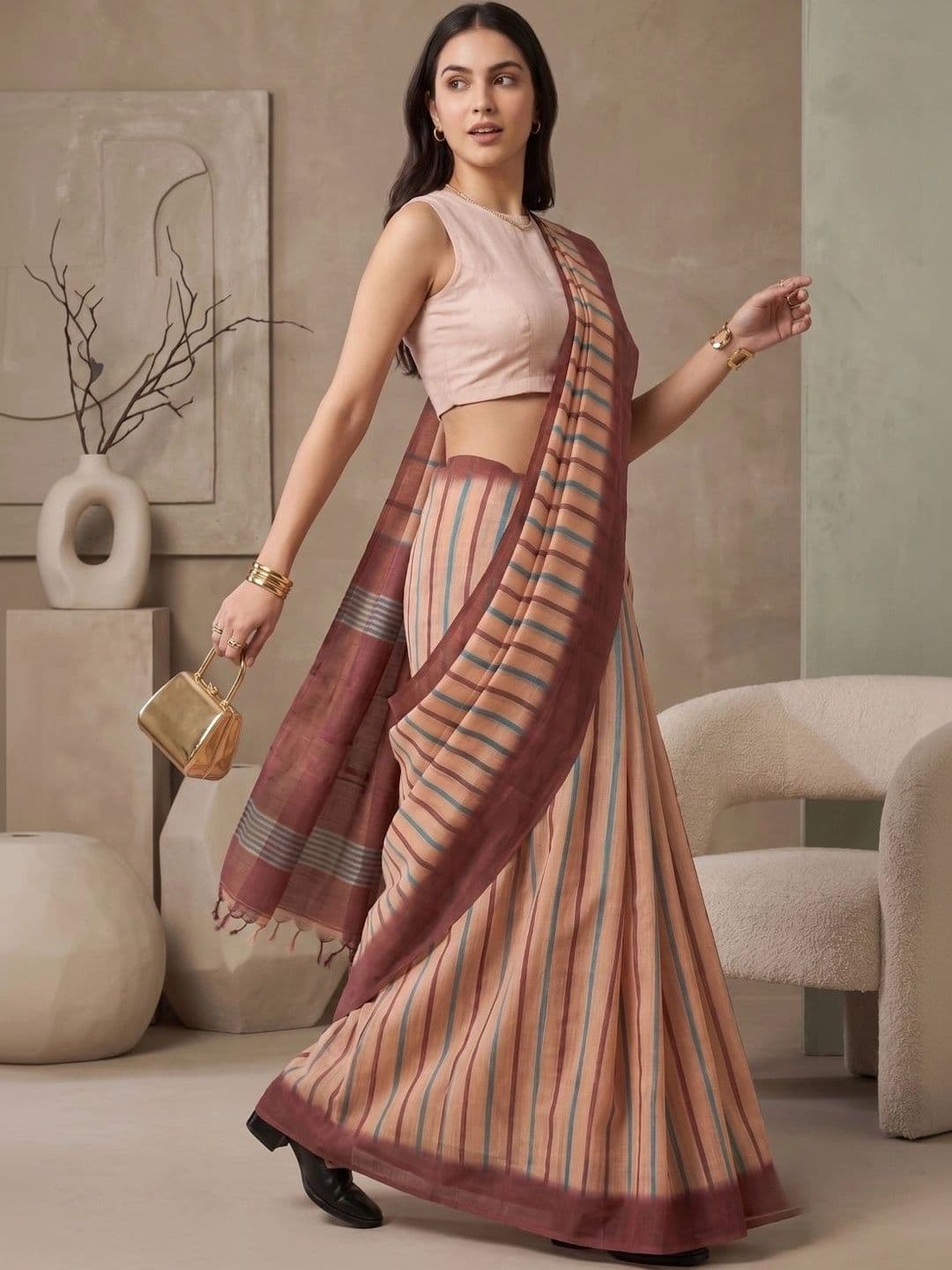 BORAD FASHION Striped Designer Chanderi Saree thumbnail 4