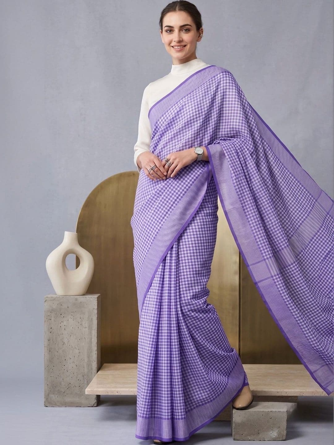 BORAD FASHION Checked Designer Chanderi Saree - view 1