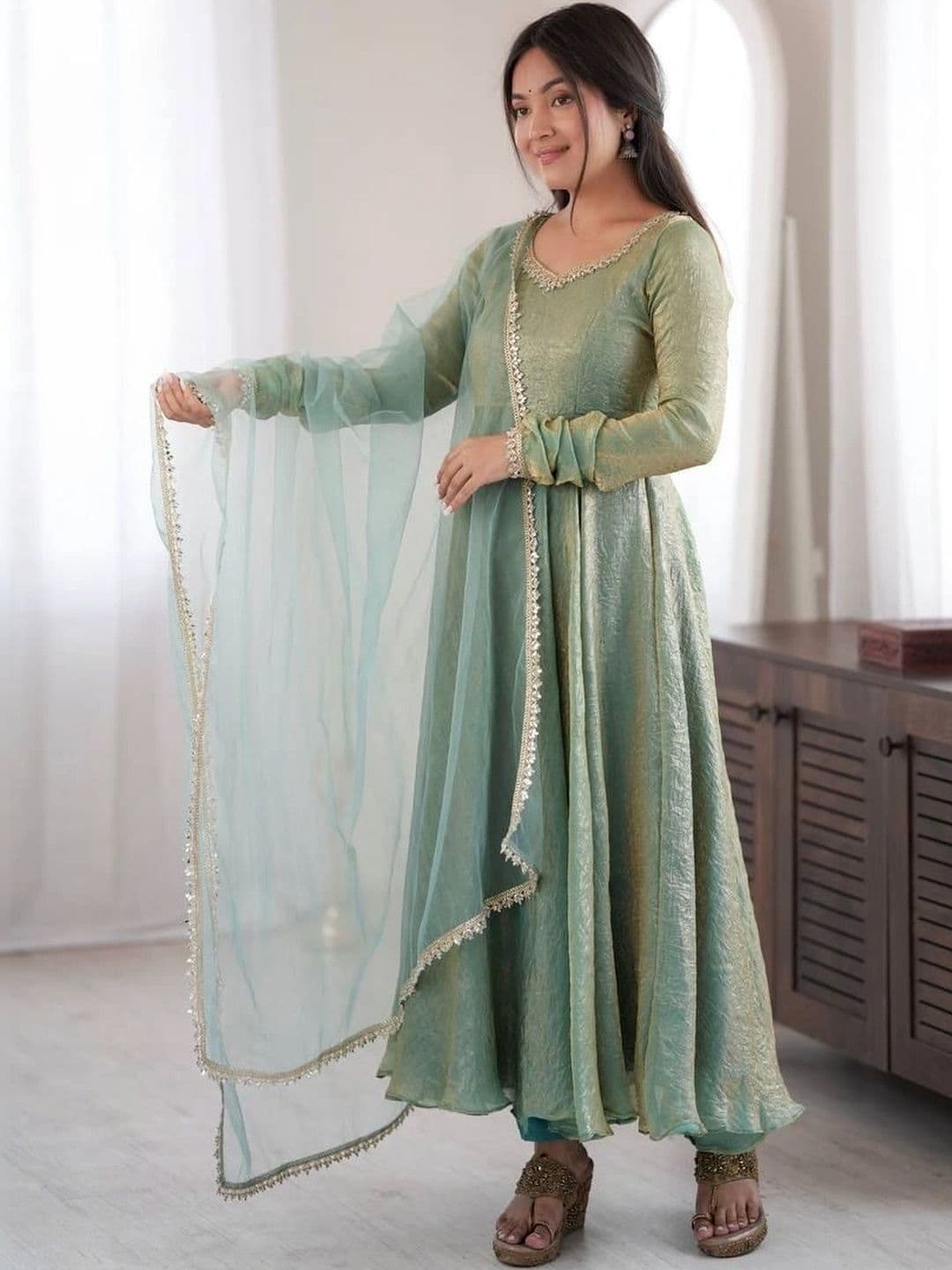 SAJAVAT ETHENIC WEAR Women Empire Gotta Patti Pure Silk Kurta with Trousers & With Dupatta thumbnail 3