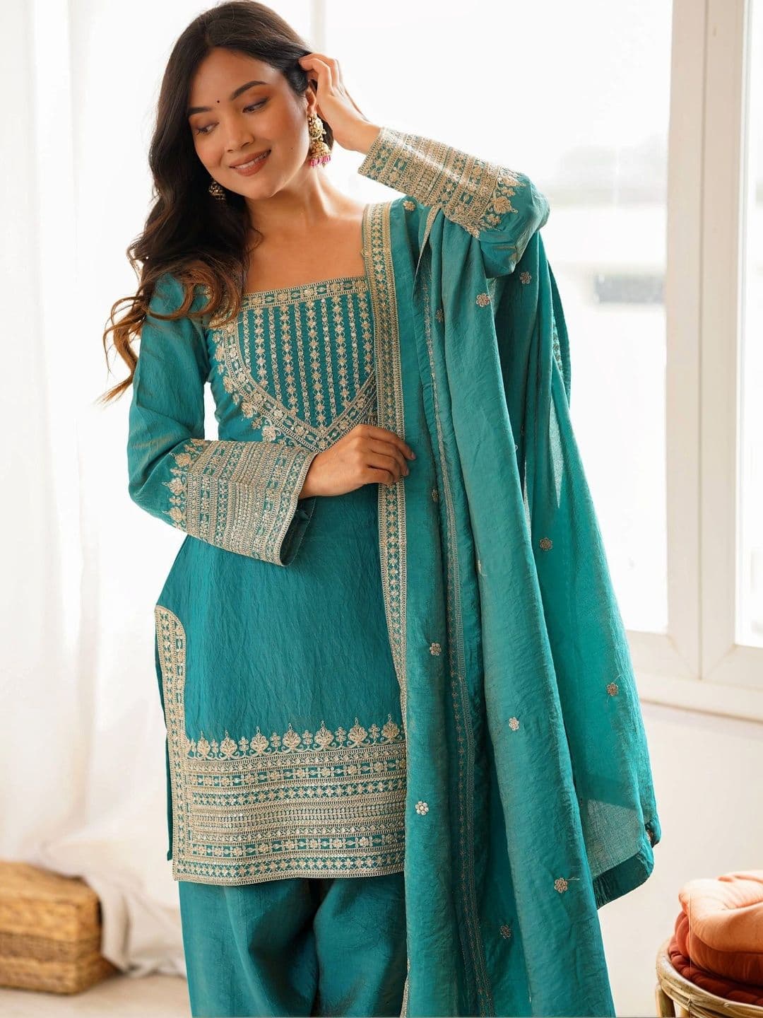 SAJAVAT ETHENIC WEAR Women Ethnic Motifs Embroidered Regular Thread Work Kurta with Patiala & With Dupatta thumbnail 5