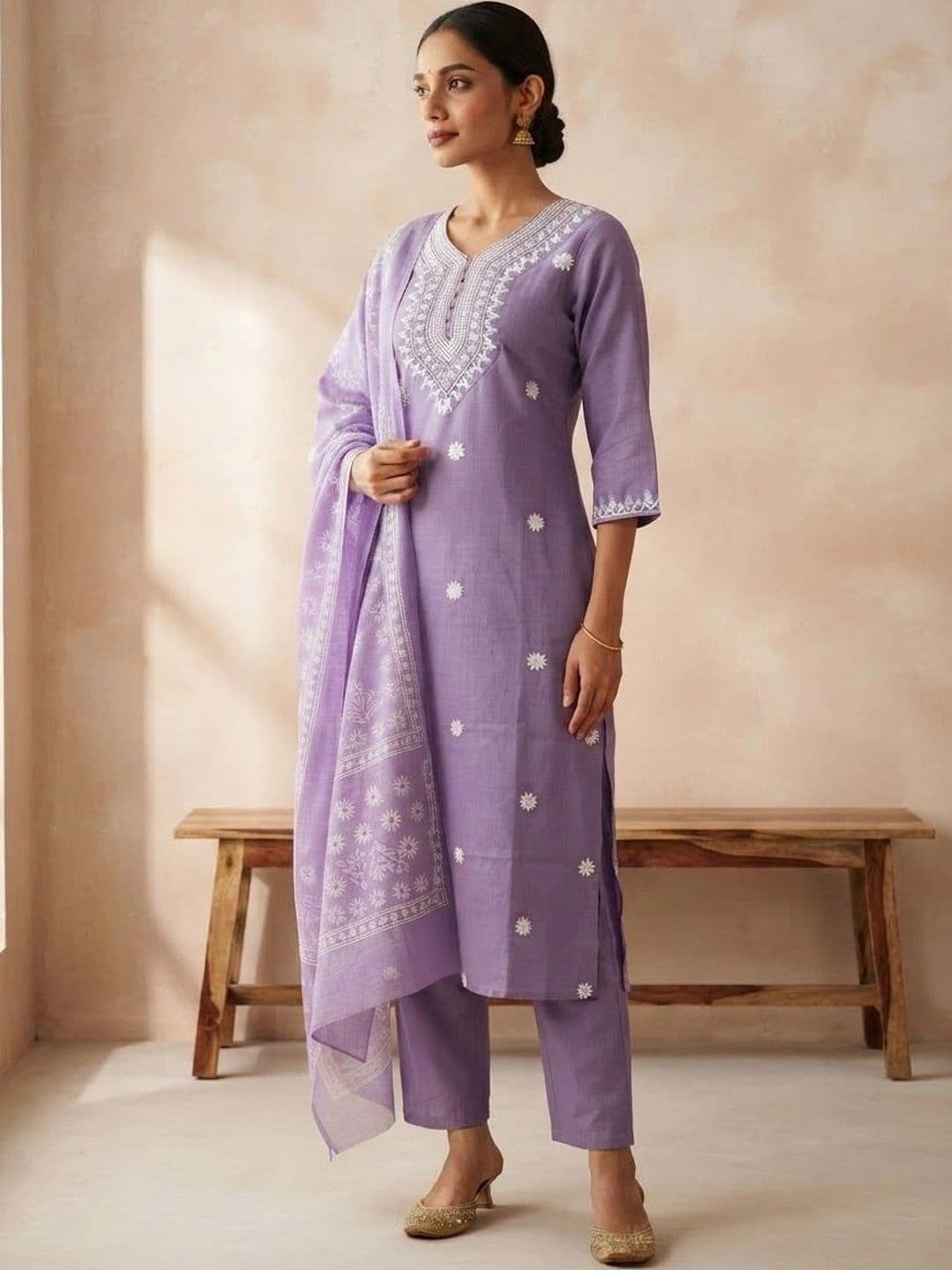VASTRAHOUSE Women Ethnic Motifs Embroidered Regular Thread Work Chanderi Cotton Kurta with Trousers & With thumbnail 5