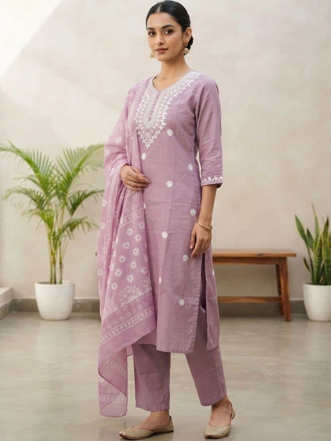 VASTRAHOUSE Women Ethnic Motifs Embroidered Regular Thread Work Chanderi Cotton Kurta with Trousers & With - view 1