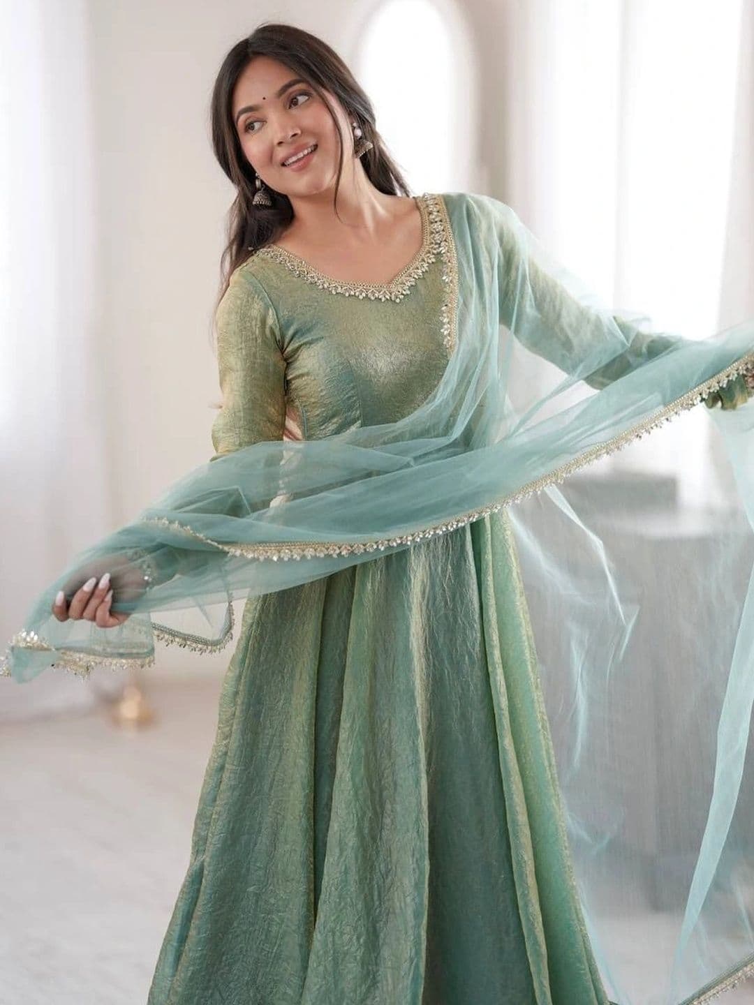 SAJAVAT ETHENIC WEAR Women Empire Gotta Patti Pure Silk Kurta with Trousers & With Dupatta thumbnail 5