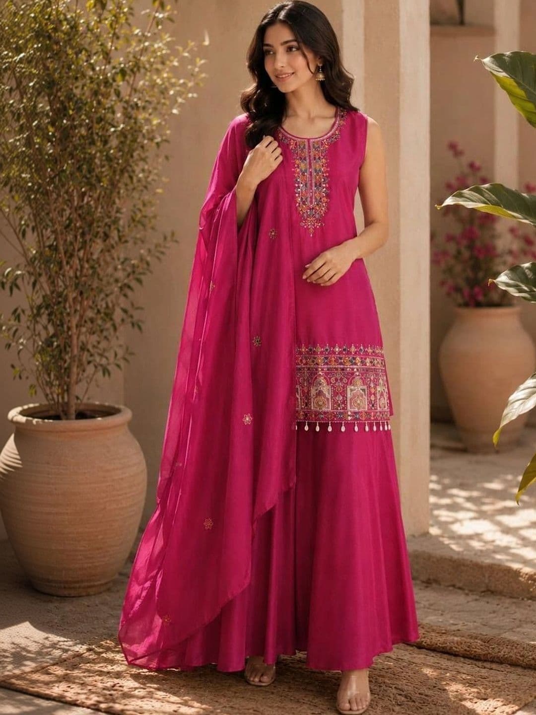 Twin girls clothing Women Ethnic Motifs Embroidered Regular Sequinned Kurta with Palazzos & With Dupatta - view 1