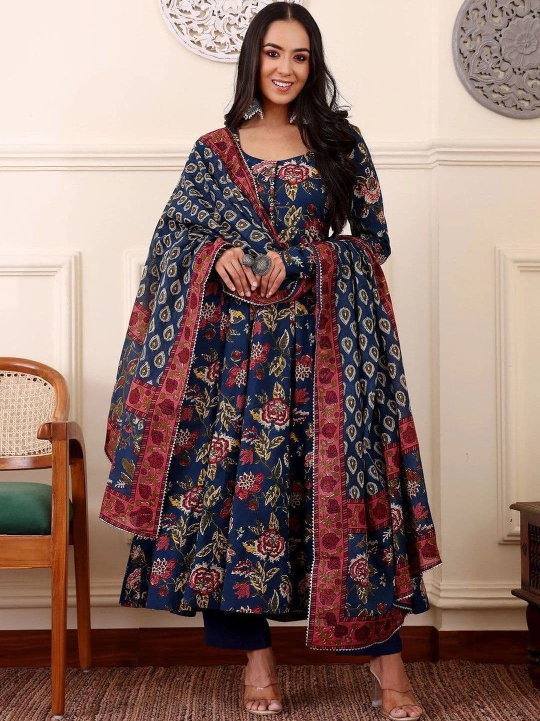 Mogra Designs Women Floral Printed Empire Kurta with Trousers & With Dupatta thumbnail 2