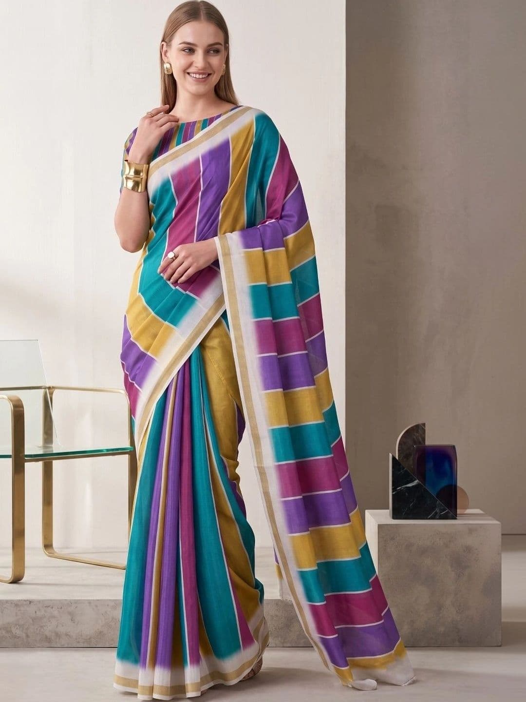 BORAD FASHION Striped Designer Chanderi Saree thumbnail 2