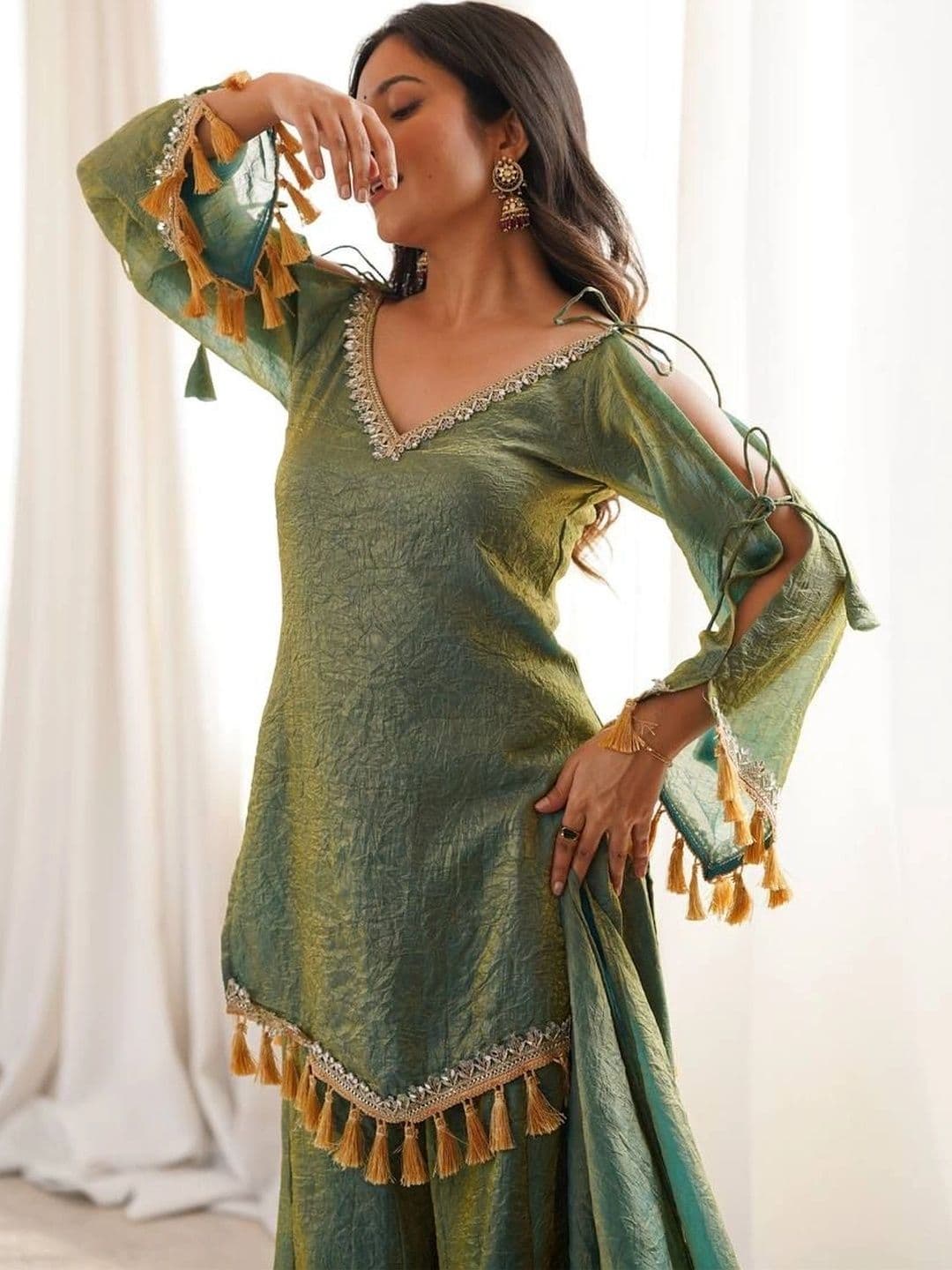 SAJAVAT ETHENIC WEAR Women Regular Gotta Patti Pure Silk Kurta with Sharara & With Dupatta thumbnail 2