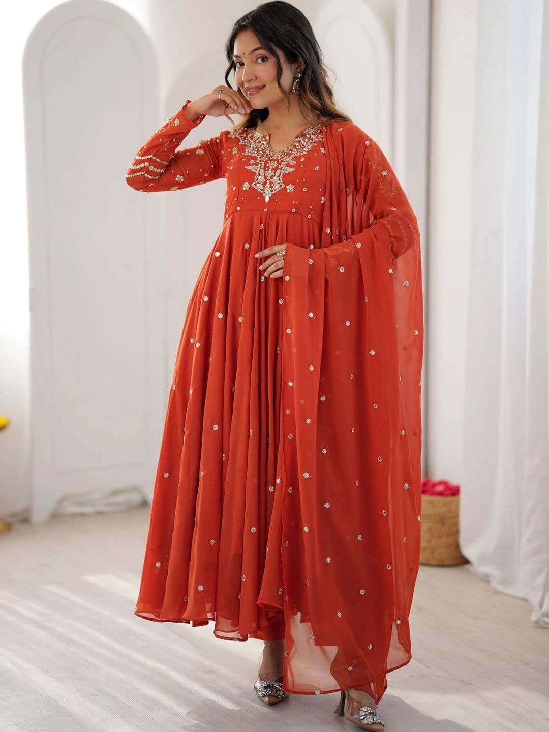 SAJAVAT ETHENIC WEAR Women Embroidered Empire Sequinned Silk Georgette Kurta with Pyjamas & With Dupatta - view 1