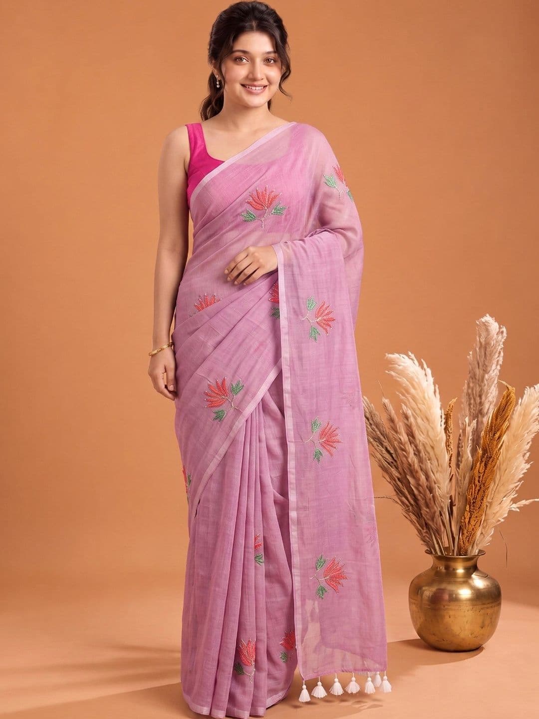 Aparna Floral Embroidered Pure Cotton Saree - view 1