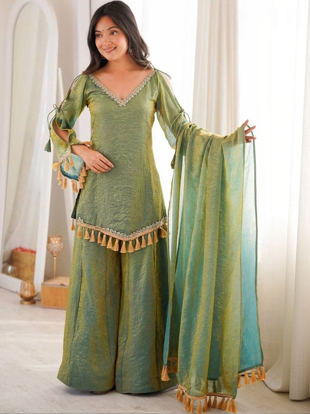 SAJAVAT ETHENIC WEAR Women Regular Gotta Patti Pure Silk Kurta with Sharara & With Dupatta thumbnail 7