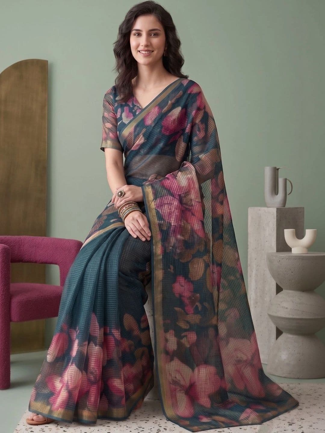 BORAD FASHION Floral Designer Chanderi Saree thumbnail 3