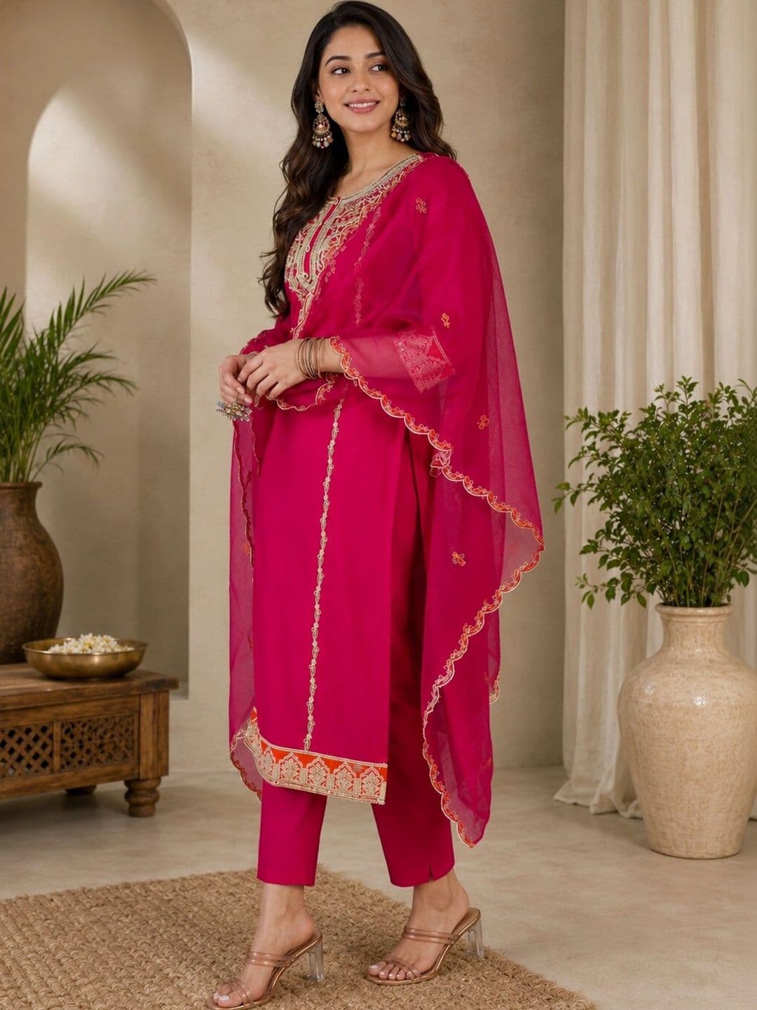 all about you Women Ethnic Motifs Embroidered Regular Thread Work Kurta with Trousers & With Dupatta thumbnail 3
