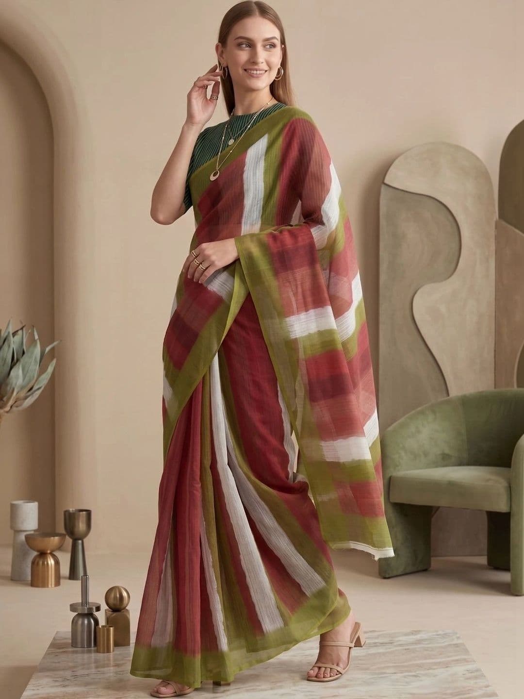BORAD FASHION Striped Designer Chanderi Saree thumbnail 3