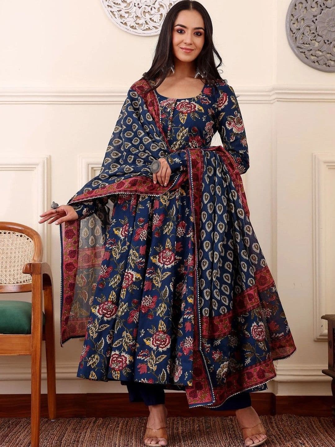 Mogra Designs Women Floral Printed Empire Kurta with Trousers & With Dupatta - view 1