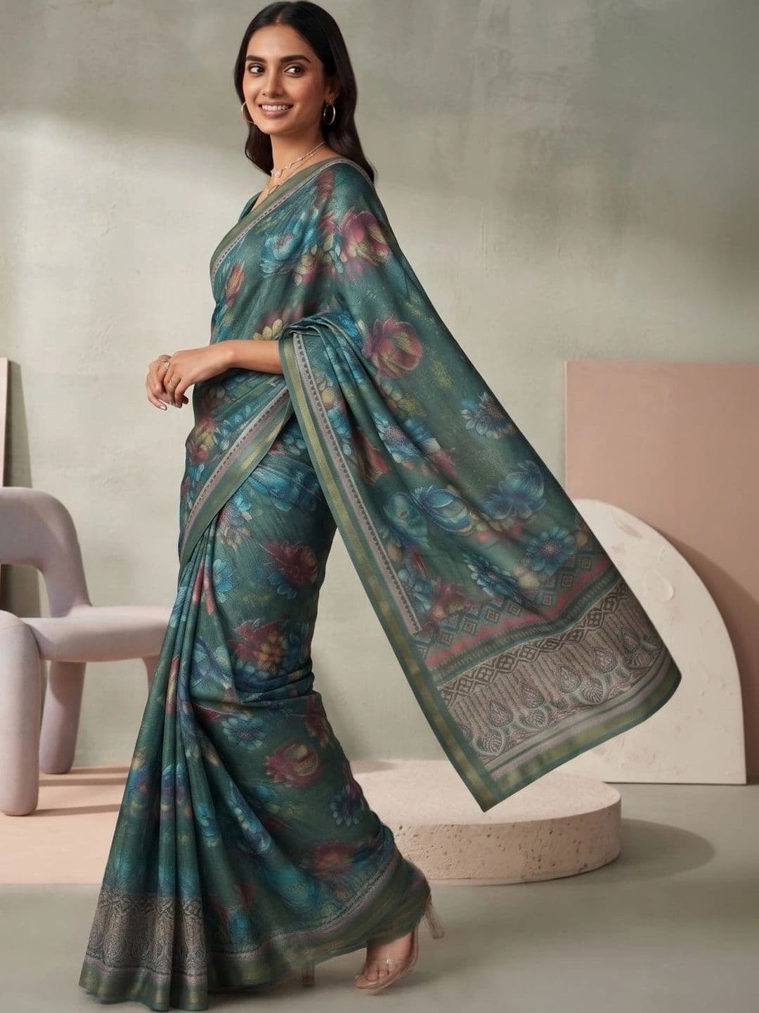 BORAD FASHION Women Floral Designer Chanderi Saree thumbnail 4