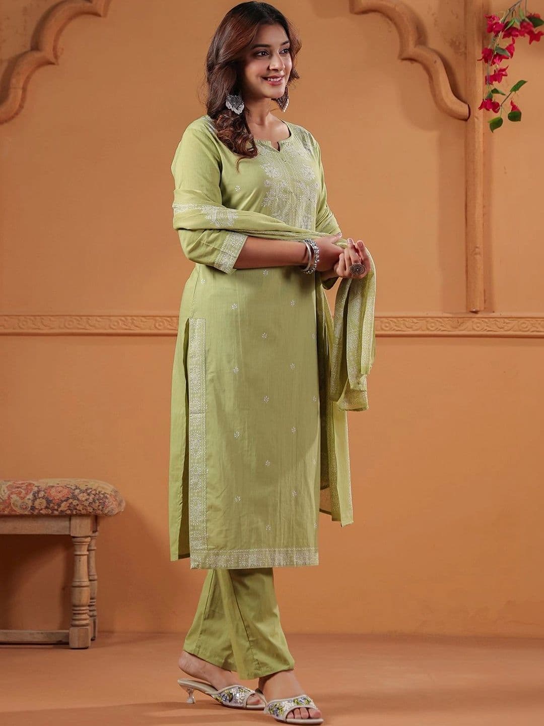 Misaina Women Ethnic Motifs Regular Mirror Work Pure Cotton Kurta with Trousers & Dupatta thumbnail 3