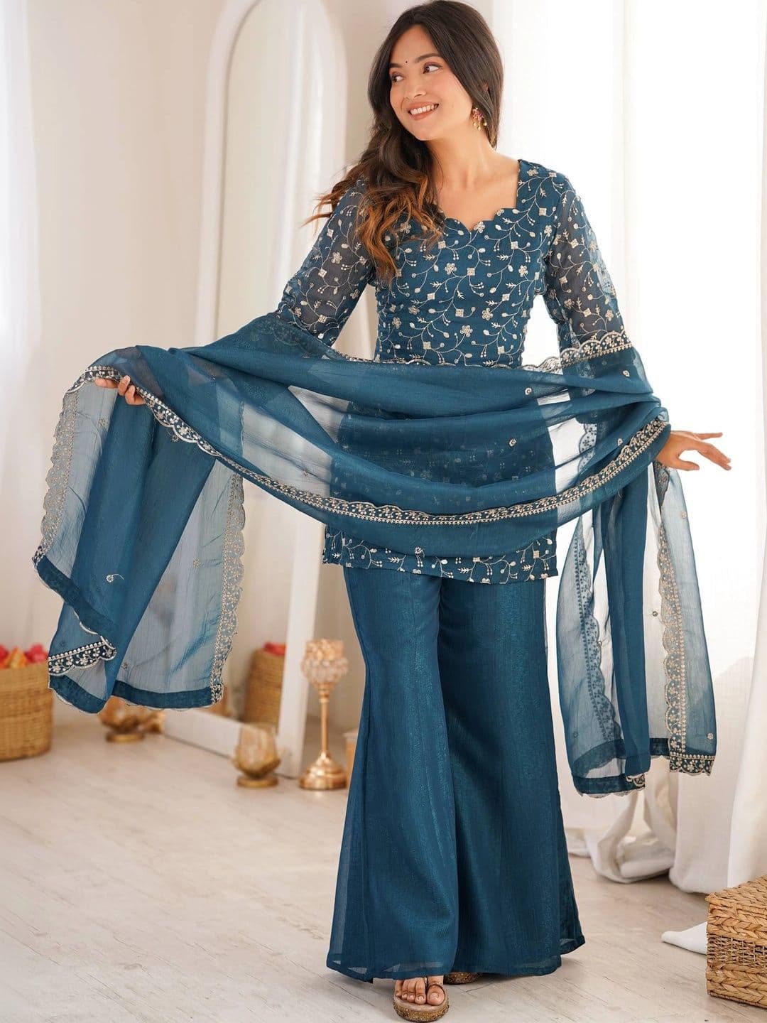 SAJAVAT ETHENIC WEAR Women Ethnic Motifs Embroidered Regular Thread Work Kurta with Palazzos & With Dupatta thumbnail 4