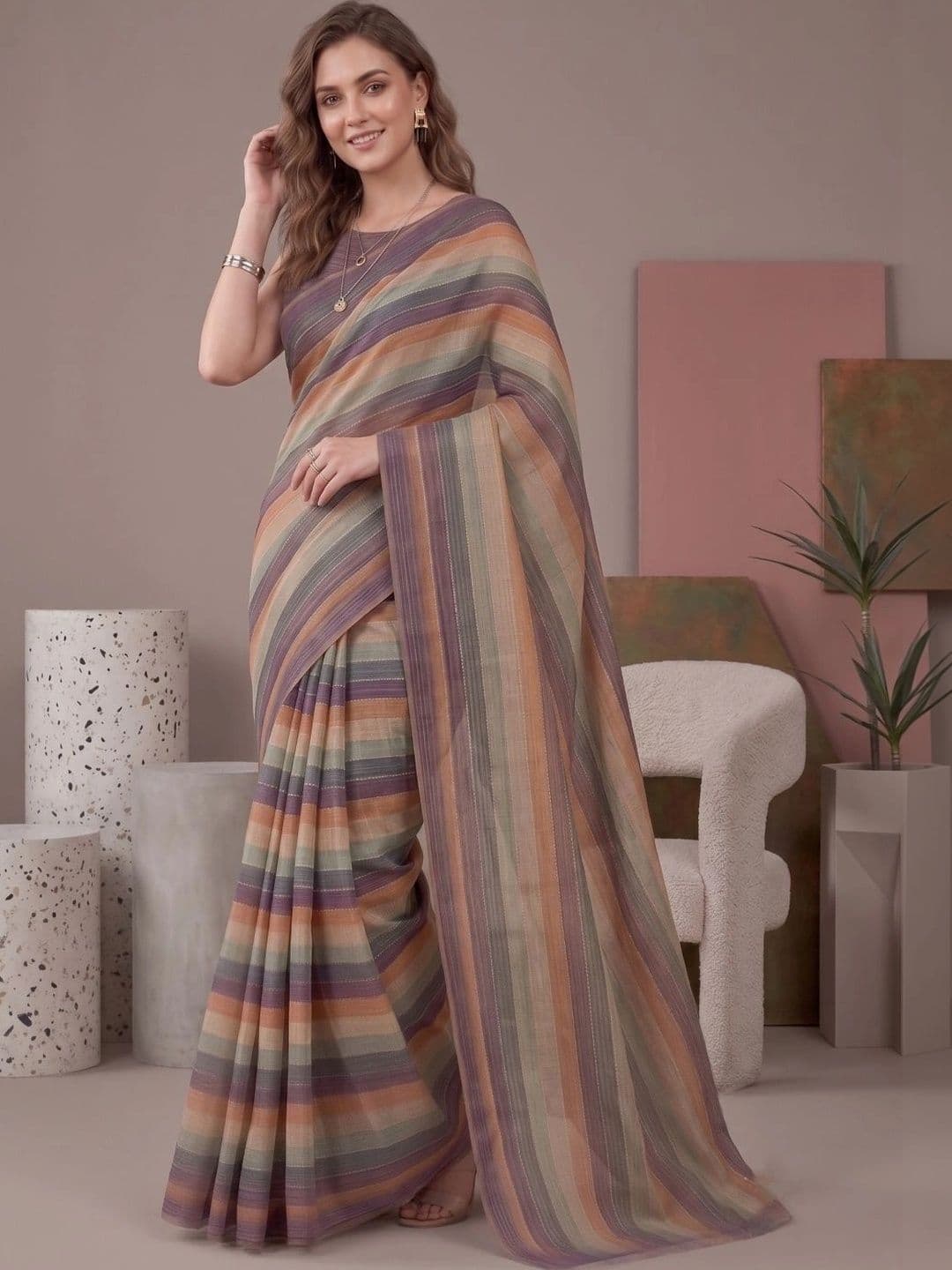 BORAD FASHION Striped Designer Chanderi Saree - view 1