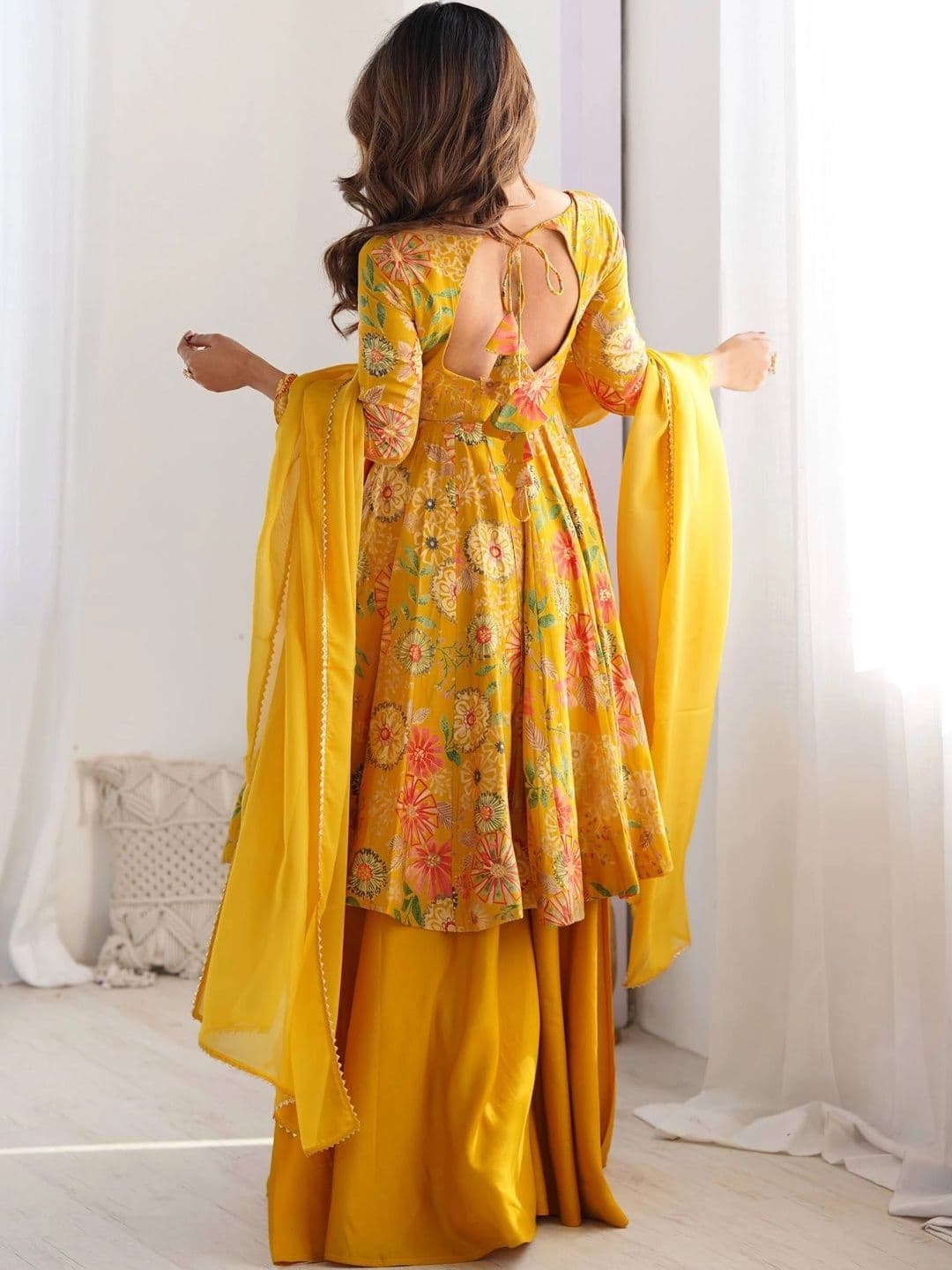 SAJAVAT ETHENIC WEAR Women Floral Printed Empire Chanderi Silk Kurta with Palazzos & With Dupatta thumbnail 2