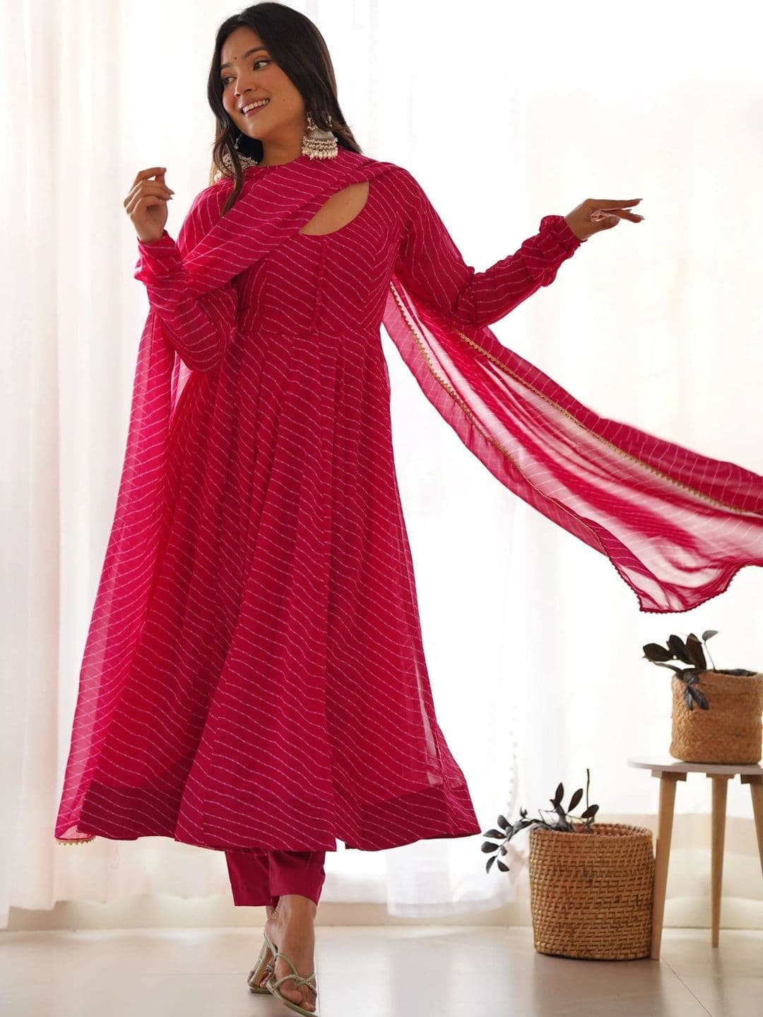 SAJAVAT ETHENIC WEAR Women Leheriya Printed Regular Kurta with Trousers & With Dupatta - view 1