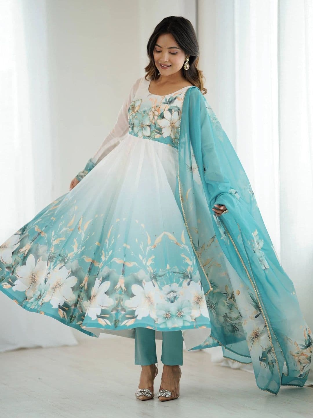 SAJAVAT ETHENIC WEAR Women Floral Printed Empire Kurta with Trousers & With Dupatta thumbnail 2