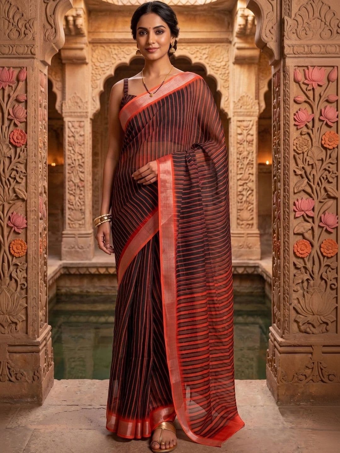 BORAD FASHION Striped Designer Chanderi Saree - view 1
