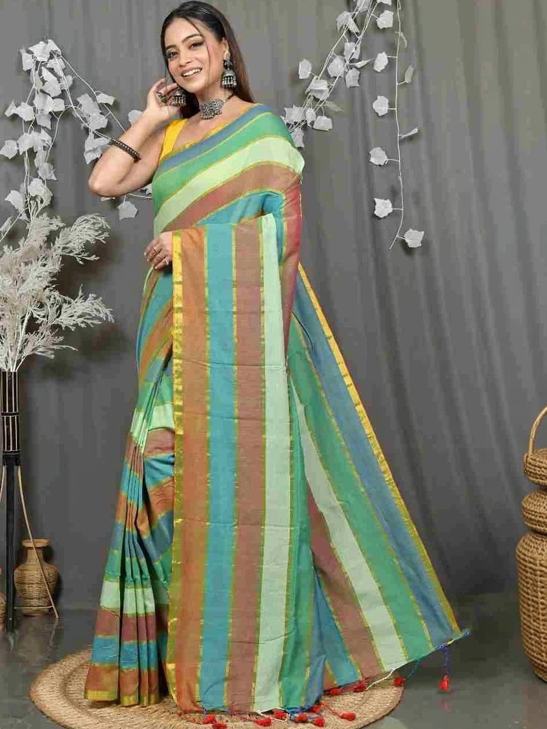 RoyBoni Striped Pure Cotton Taant Saree - view 1