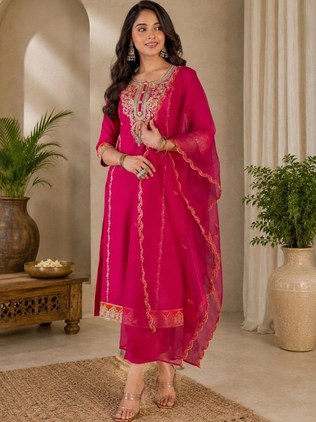 all about you Women Ethnic Motifs Embroidered Regular Thread Work Kurta with Trousers & With Dupatta - view 1