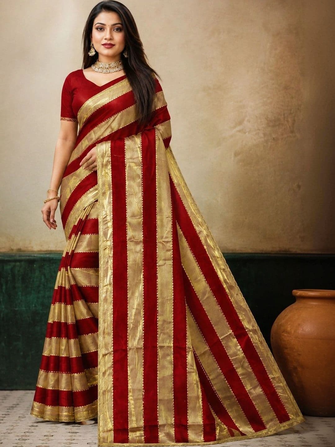 SARKAR TEXTILES Striped Zari Poly Georgette Leheriya Saree thumbnail 3