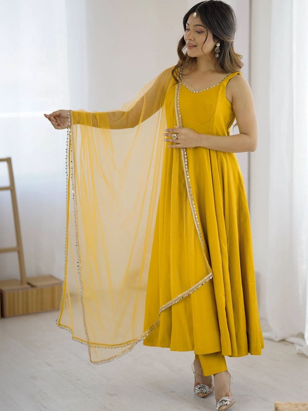 SAJAVAT ETHENIC WEAR Women Regular Sequinned Chanderi Silk Kurta with Trousers & With Dupatta - view 1