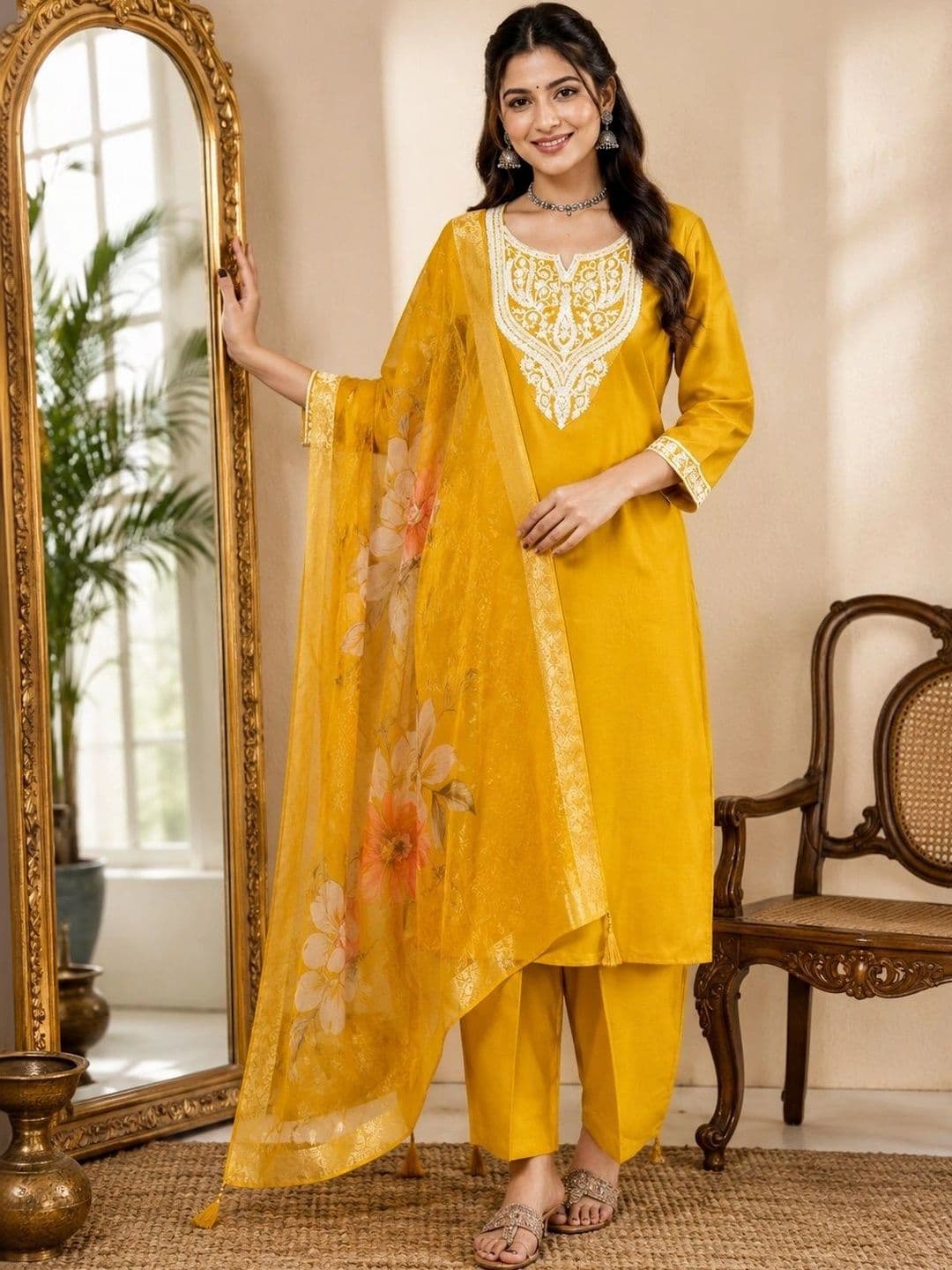 VASTRAHOUSE Women Ethnic Motifs Embroidered Regular Thread Work Chanderi Cotton Kurta with Trousers & With thumbnail 2