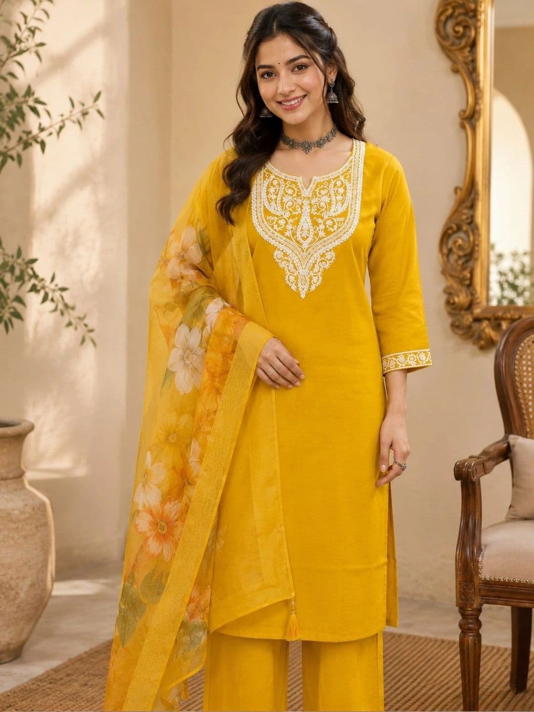 VASTRAHOUSE Women Ethnic Motifs Embroidered Regular Thread Work Chanderi Cotton Kurta with Trousers & With thumbnail 3