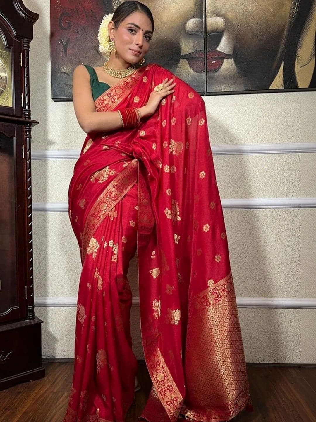 Mitera Floral Zari Silk Blend Banarasi Saree - view 1