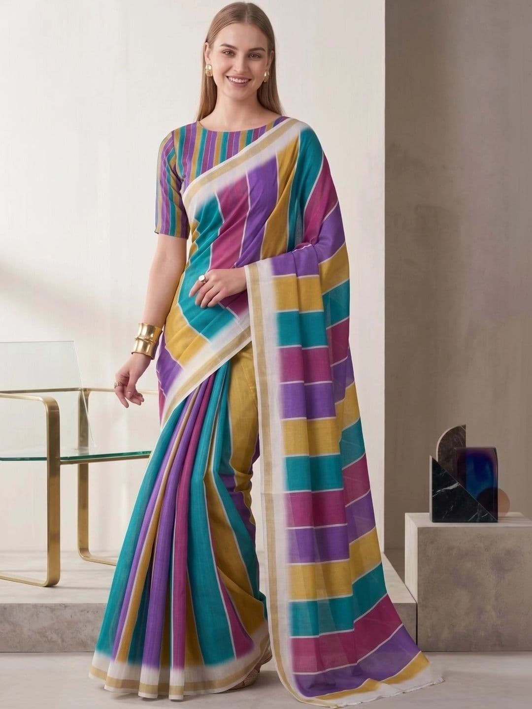 BORAD FASHION Striped Designer Chanderi Saree thumbnail 4