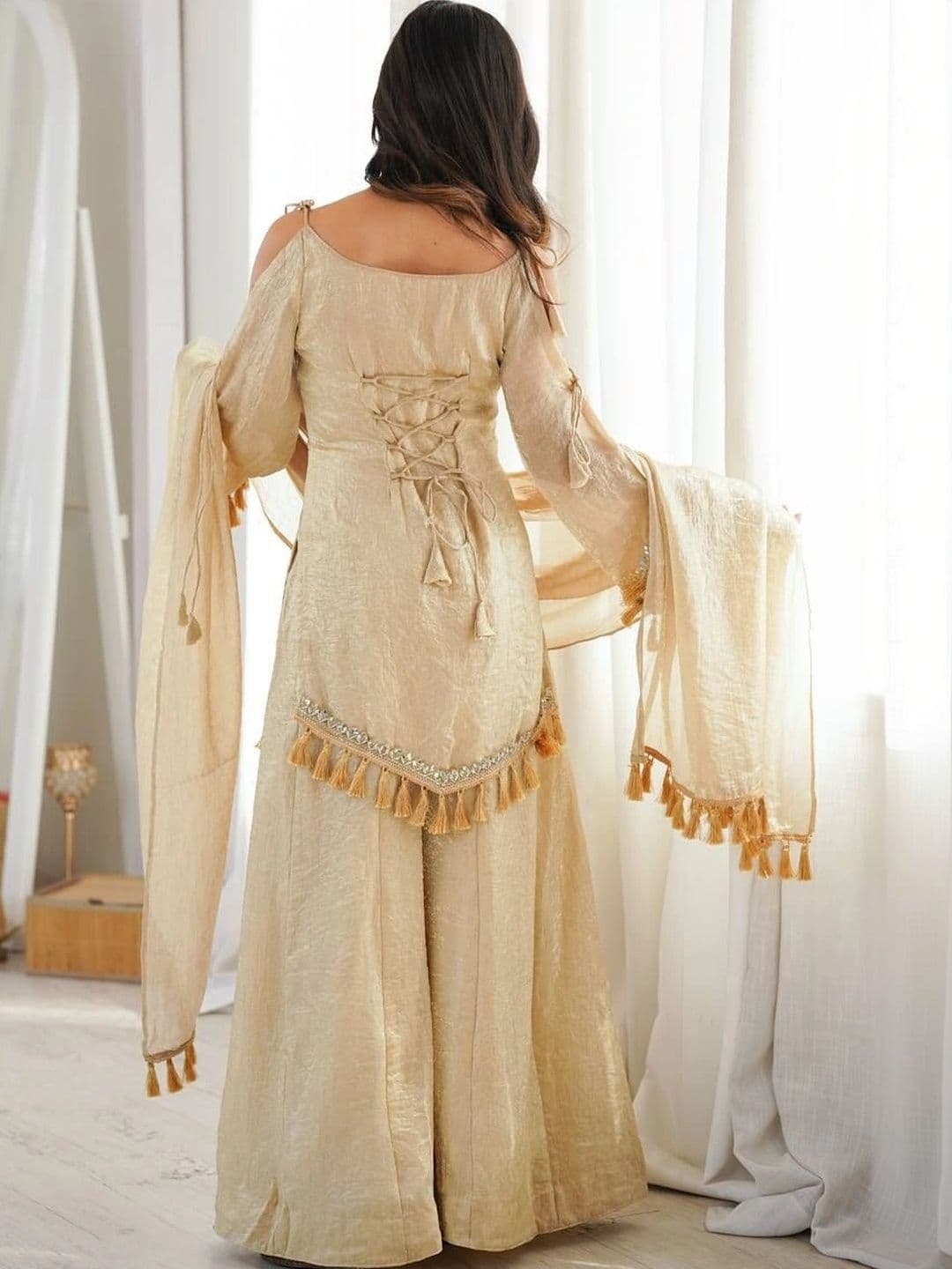 SAJAVAT ETHENIC WEAR Women Regular Gotta Patti Pure Silk Kurta with Sharara & With Dupatta thumbnail 3