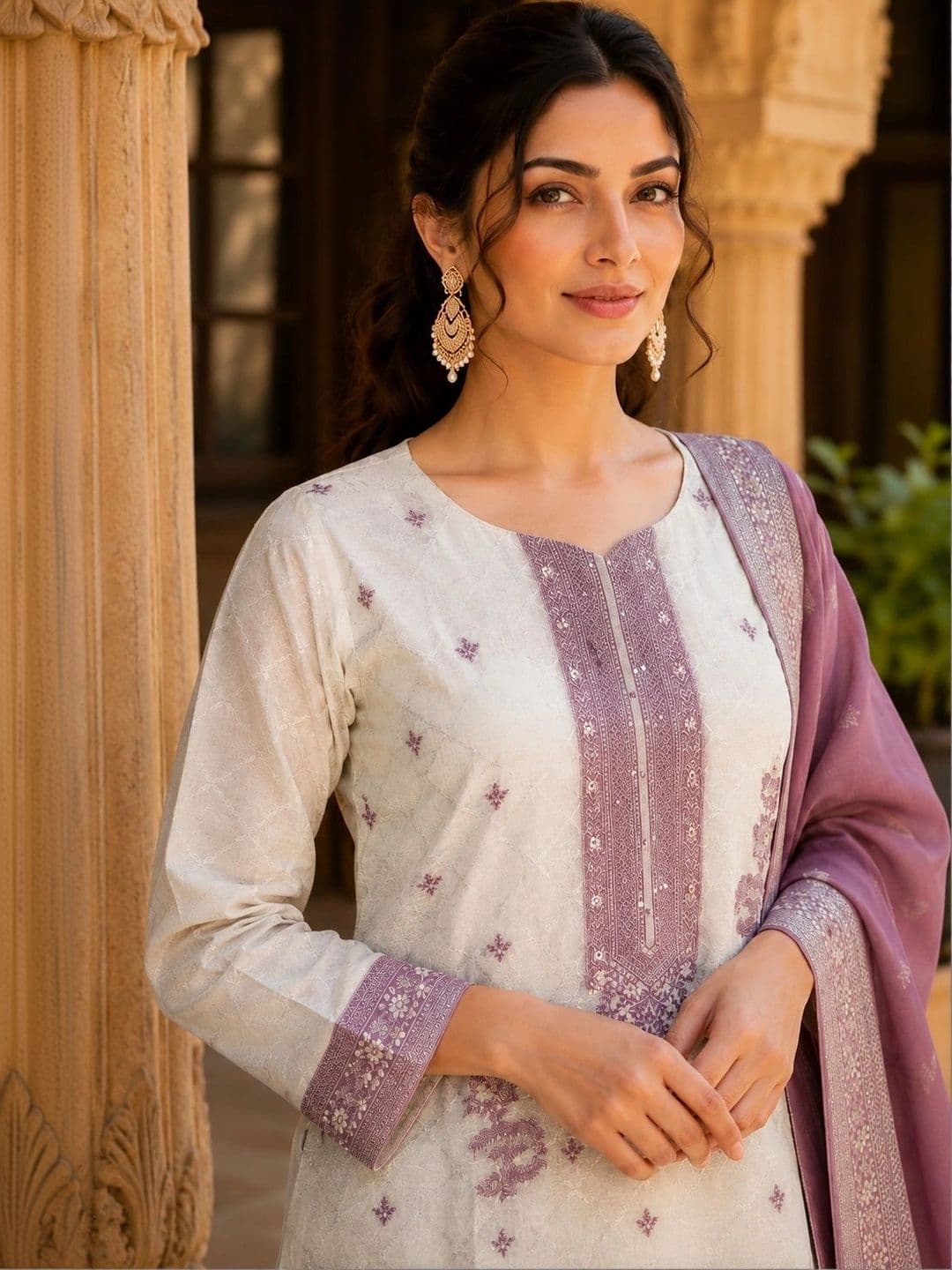 JEEREVA Women Ethnic Motifs Embroidered Regular Thread Work Pure Silk Kurta with Trousers & With Dupatta thumbnail 4