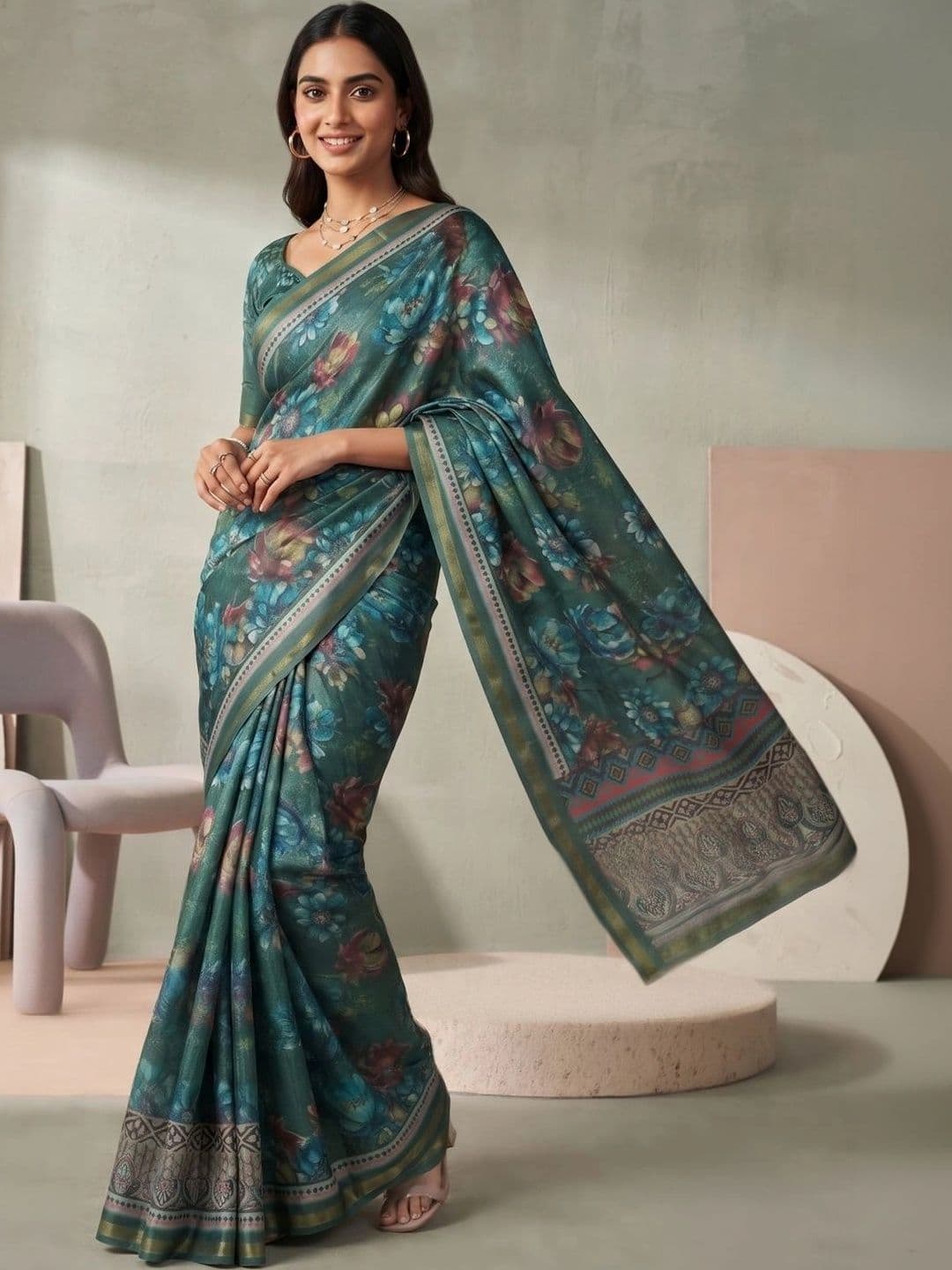 BORAD FASHION Women Floral Designer Chanderi Saree - view 1