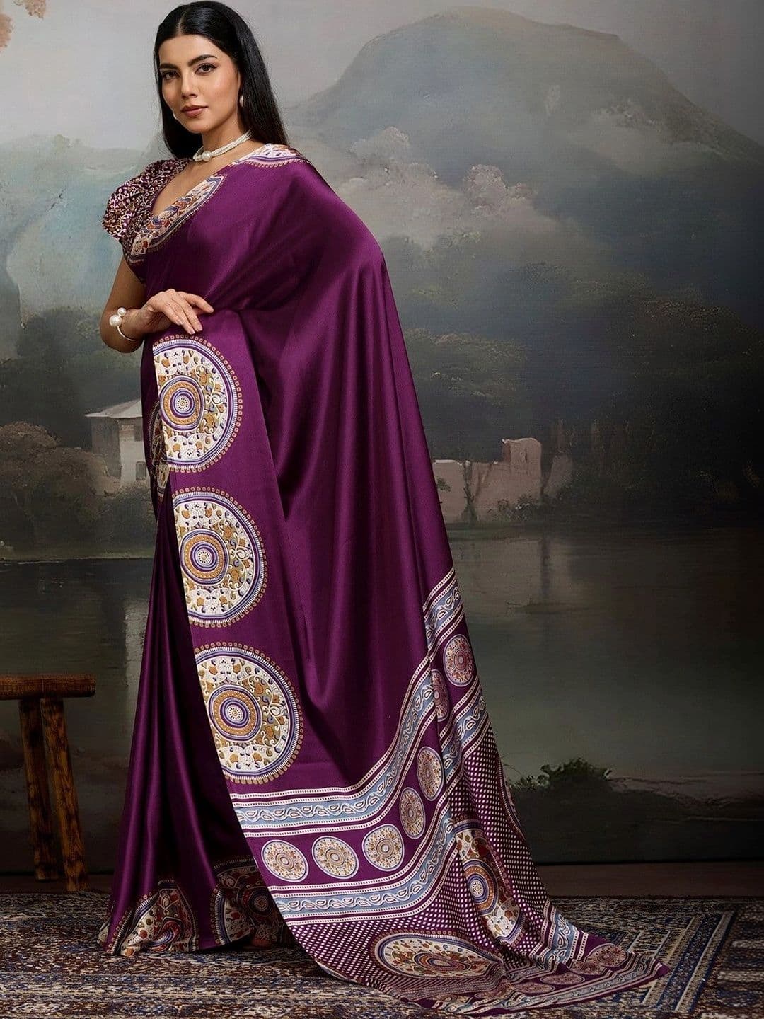 KALINI Floral Mirror Work Silk Blend Heavy Work Mysore Silk Saree thumbnail 4