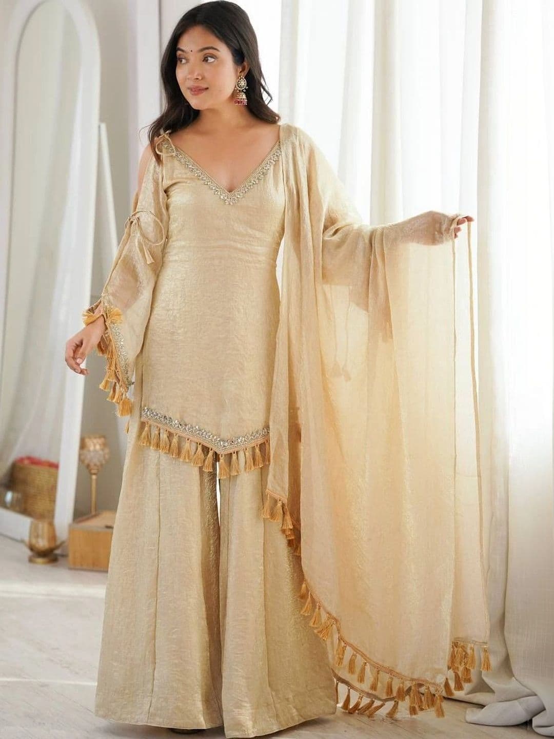 SAJAVAT ETHENIC WEAR Women Regular Gotta Patti Pure Silk Kurta with Sharara & With Dupatta - view 1