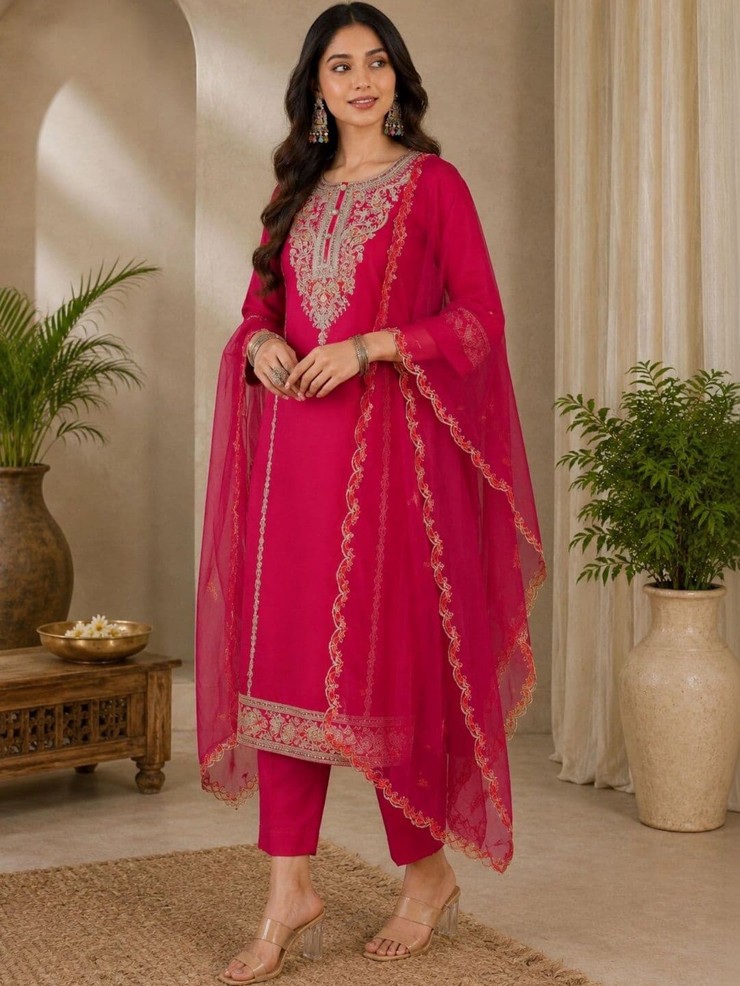 all about you Women Ethnic Motifs Embroidered Regular Thread Work Kurta with Trousers & With Dupatta thumbnail 4