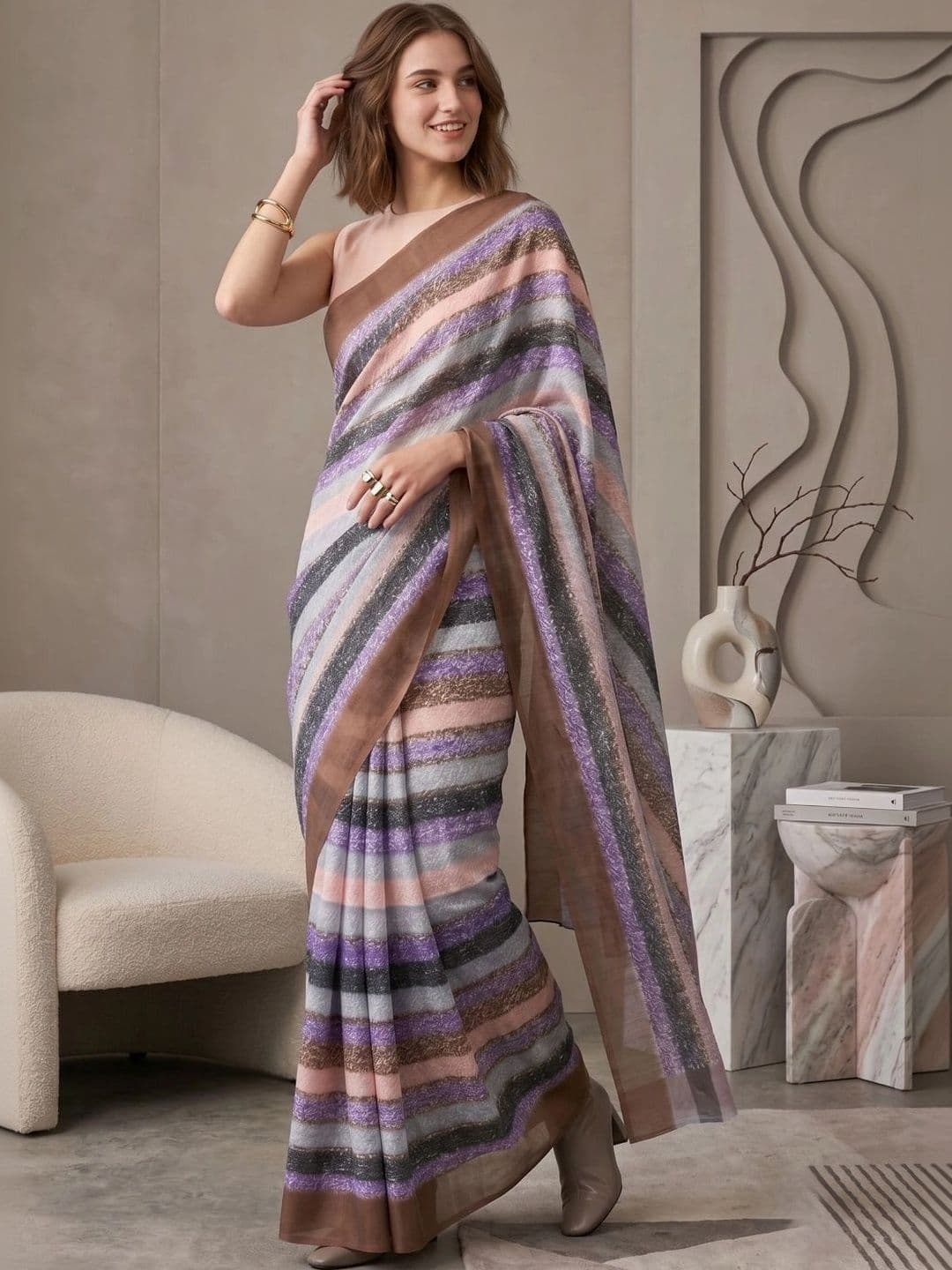 BORAD FASHION Striped Designer Chanderi Saree - view 1