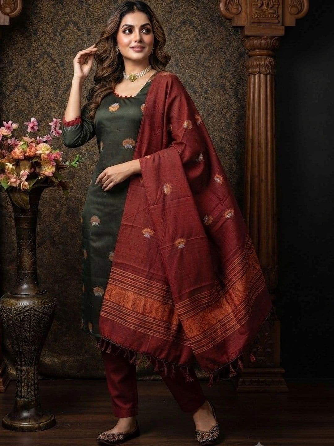 ZARVELA Women Ethnic Motifs Regular Kurta with Trousers & With Dupatta thumbnail 3