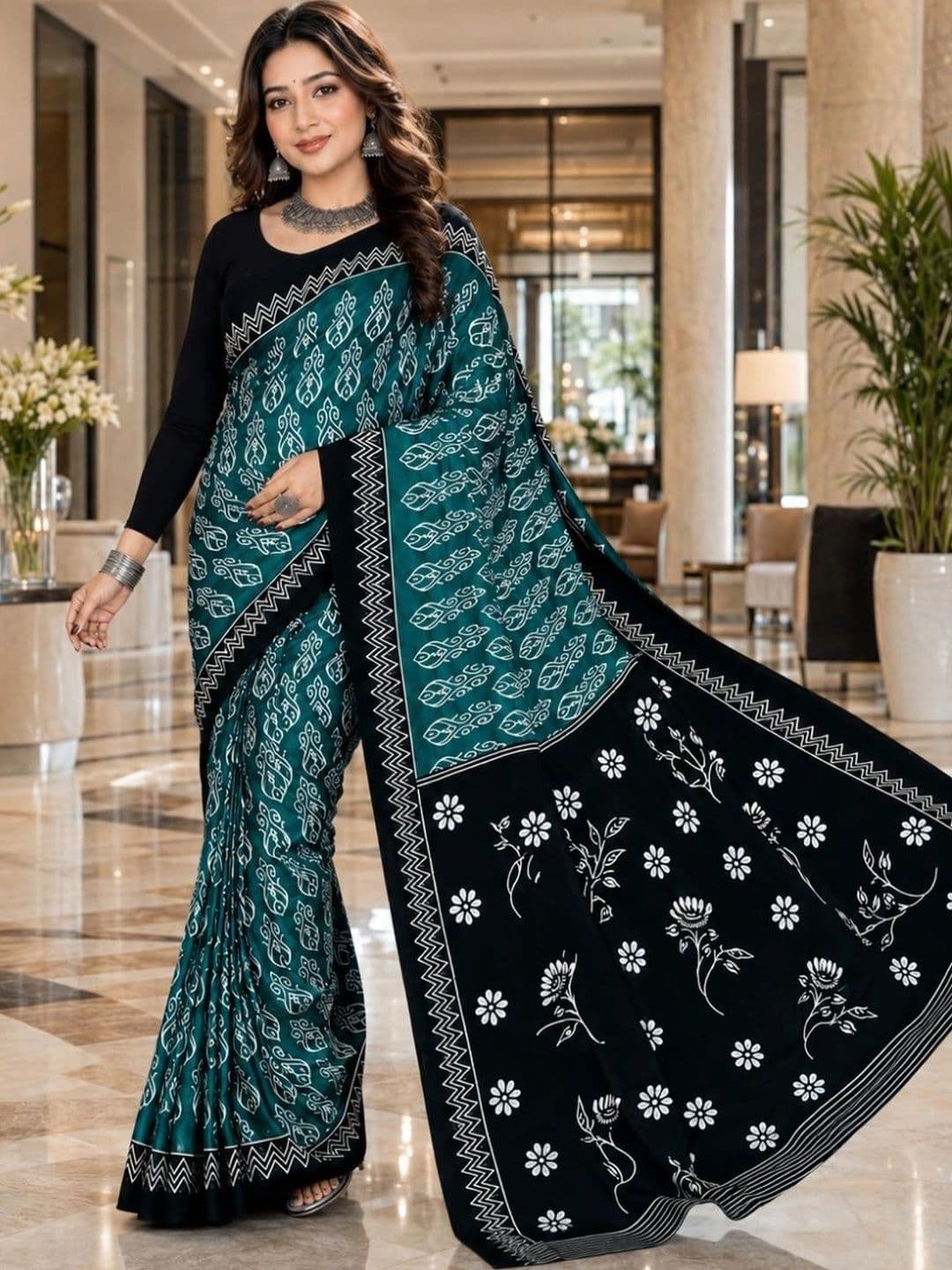 Karishma Floral Pure Cotton Block Print Saree thumbnail 4