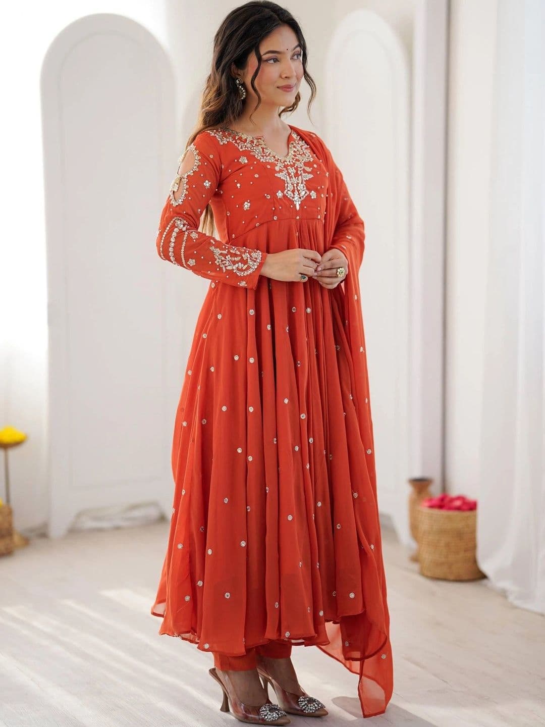 SAJAVAT ETHENIC WEAR Women Embroidered Empire Sequinned Silk Georgette Kurta with Pyjamas & With Dupatta thumbnail 5