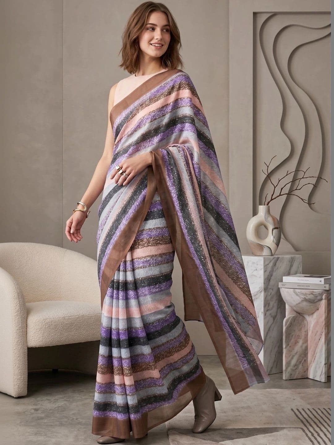 BORAD FASHION Striped Designer Chanderi Saree thumbnail 4